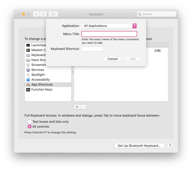 System Preferences, Keyboards, Shortcuts