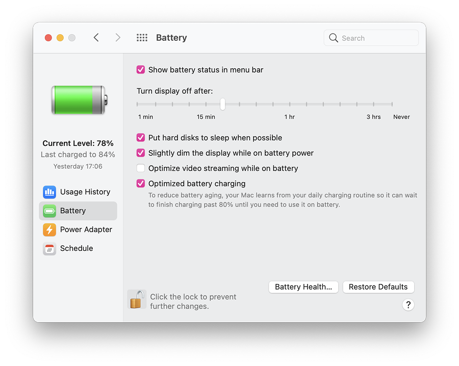 Battery Preferences - Battery panel