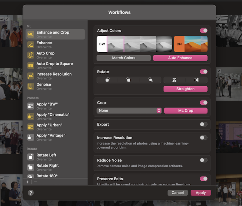 Photomator workflow options