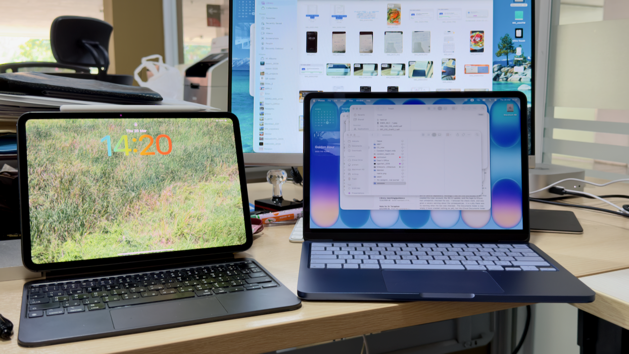 iPad Pro, MacBook Neo with Mac mini behind